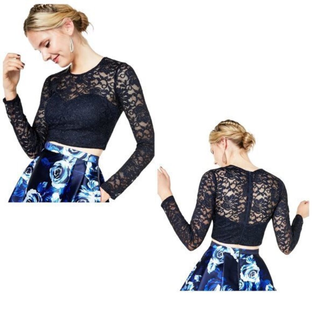 Sequin Hearts Lace Long Sleeve Crop Top Size 0 in Navy Blue